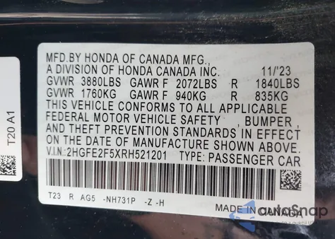 2024 Honda Civic Sport from USA, damaged, VIN 2HGFE2F5XRH521201